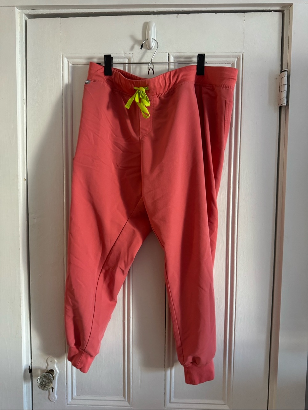 FIGS Kids Coral Sweatpants with Neon Yellow Drawstring